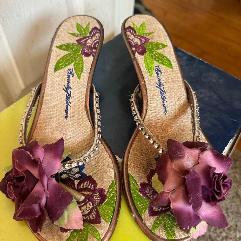 Beverly Feldman flower kitten heels thong rhinestone sandals